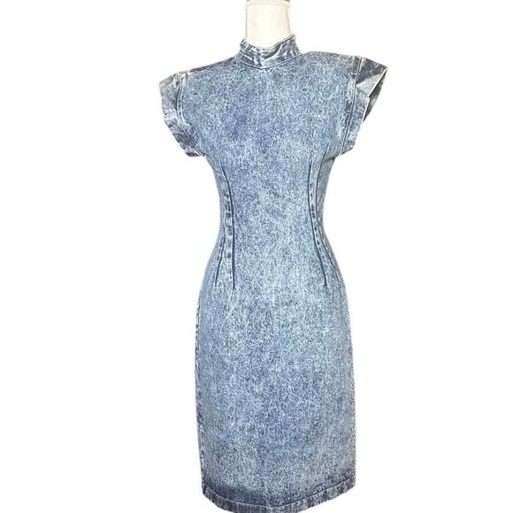Vintage Paris Blues 90s Stonewashed Mock Neck Bodycon Backless Midi Dress - Picture 2 of 12